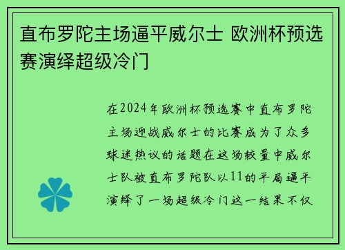 直布罗陀主场逼平威尔士 欧洲杯预选赛演绎超级冷门 直布罗陀主场逼平威尔士 欧洲杯预选赛演绎超级冷门